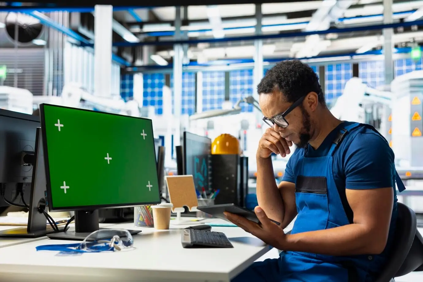 Mitarbeiter einer Produktionsanlage überprüft Daten an einem PC mit grünem Bildschirm.